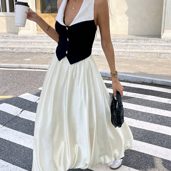 Beige Casual Women's Satin Pleated Bubble Long Skirt - Picture 3 of 13